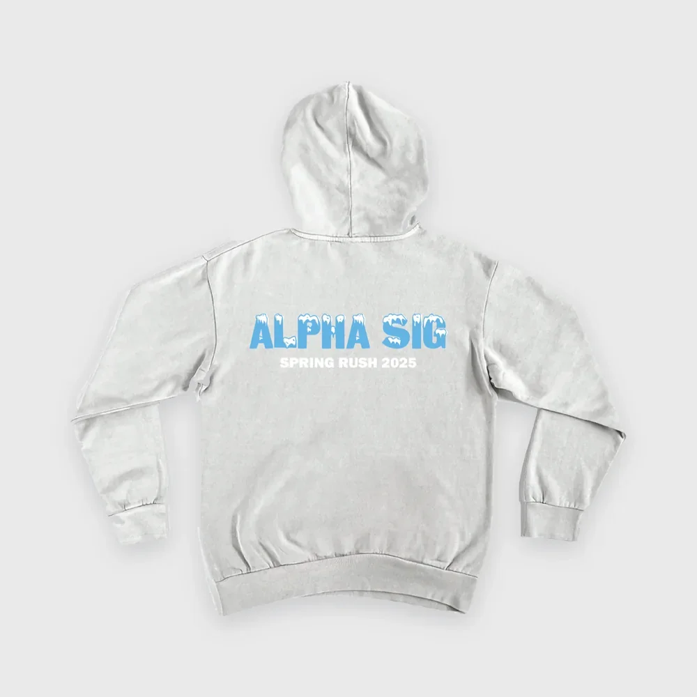 Light gray hoodie with a frosted Alpha Sig Spring Rush graphic