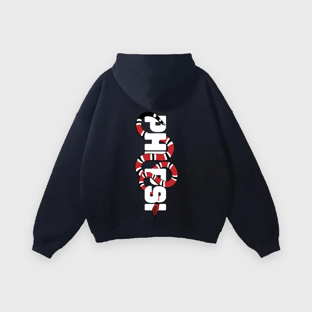 Navy hoodie with a Phi Psi snake graphic down the back
