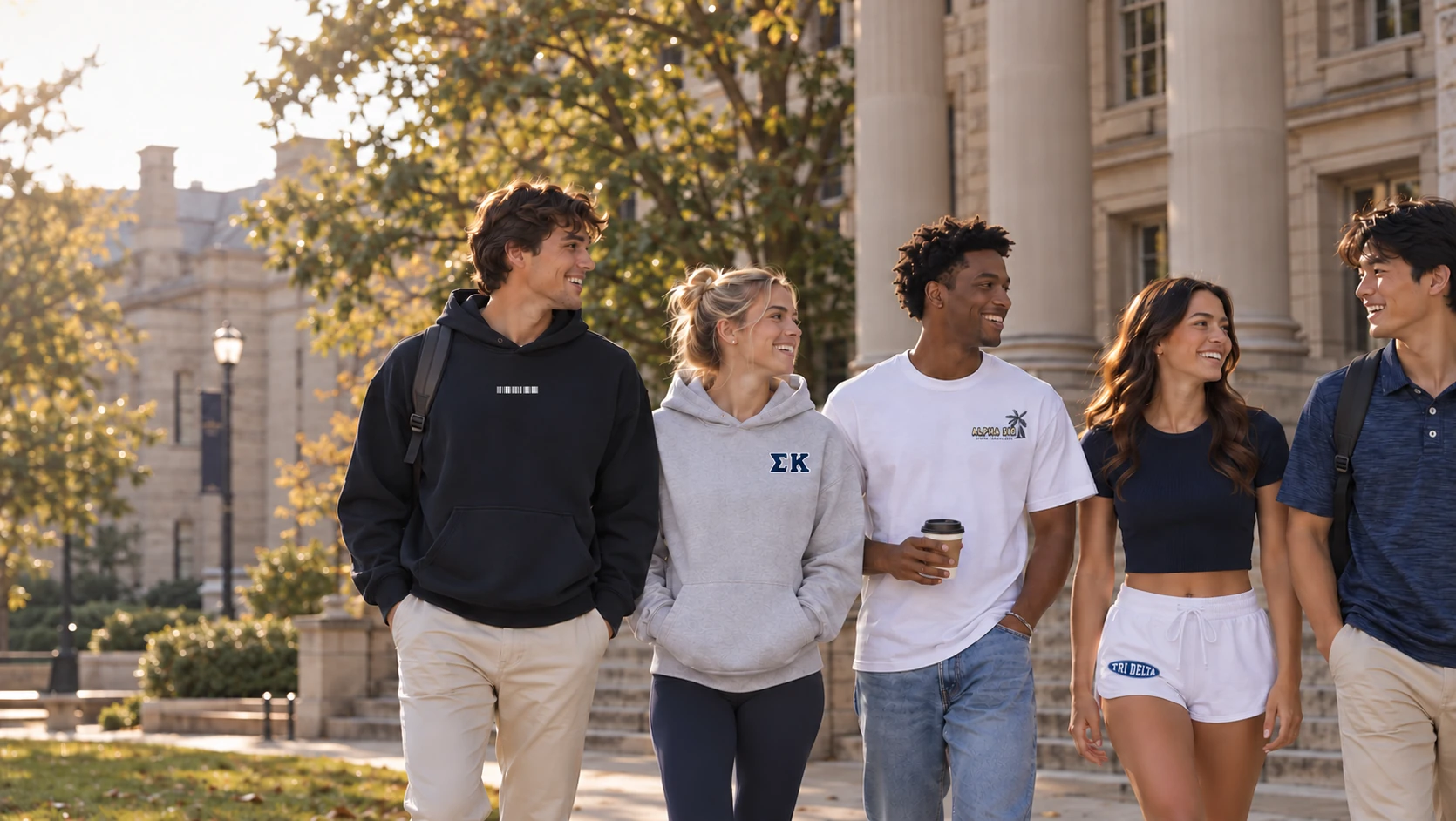 College students walking on campus in custom Member Made crewnecks, hoodies, and tees