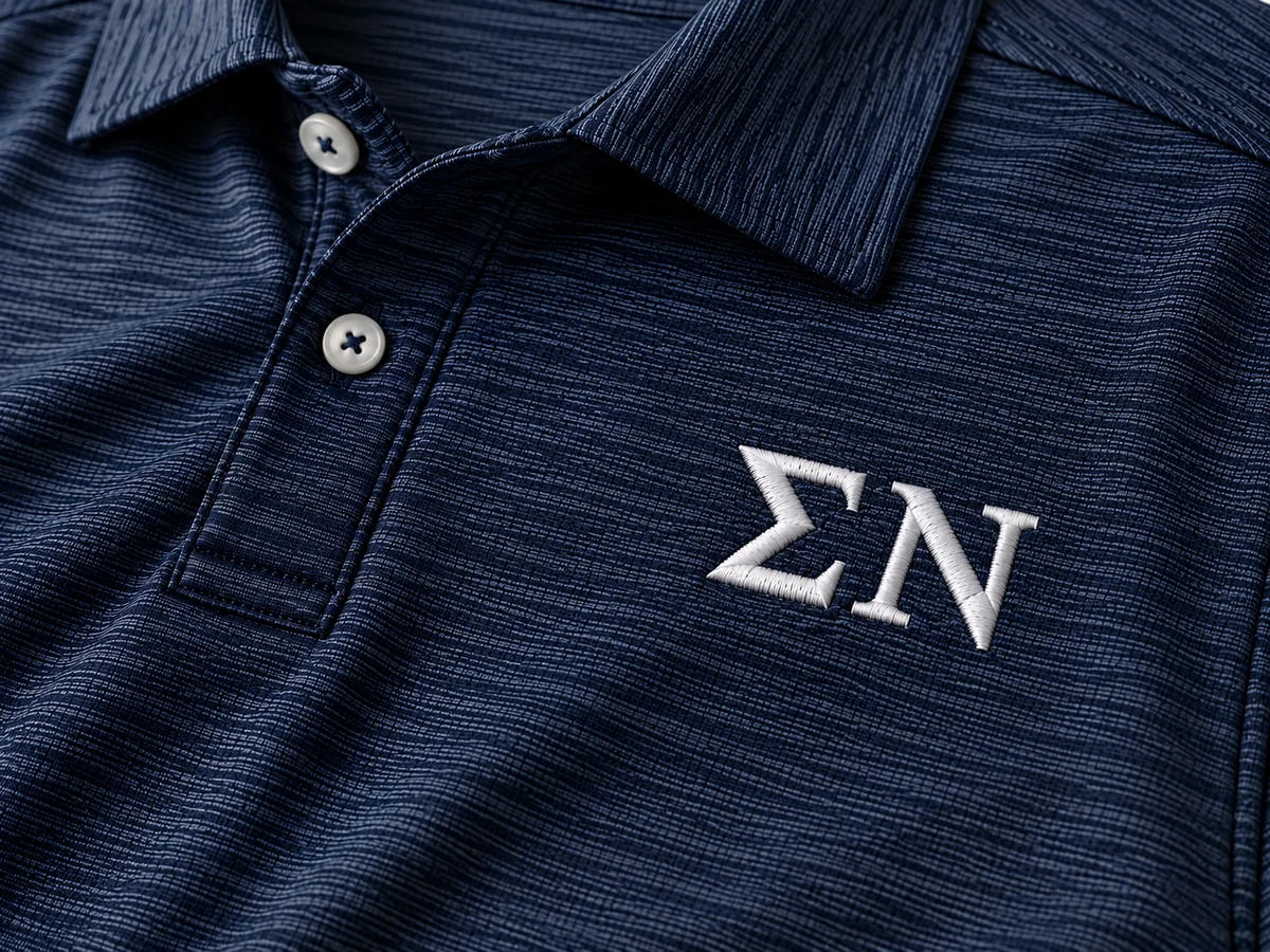 Embroidered Greek letters on a navy polo