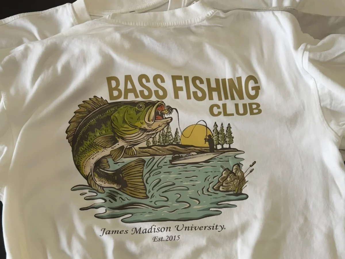 Full-color Bass Fishing Club graphic printed on a white tee