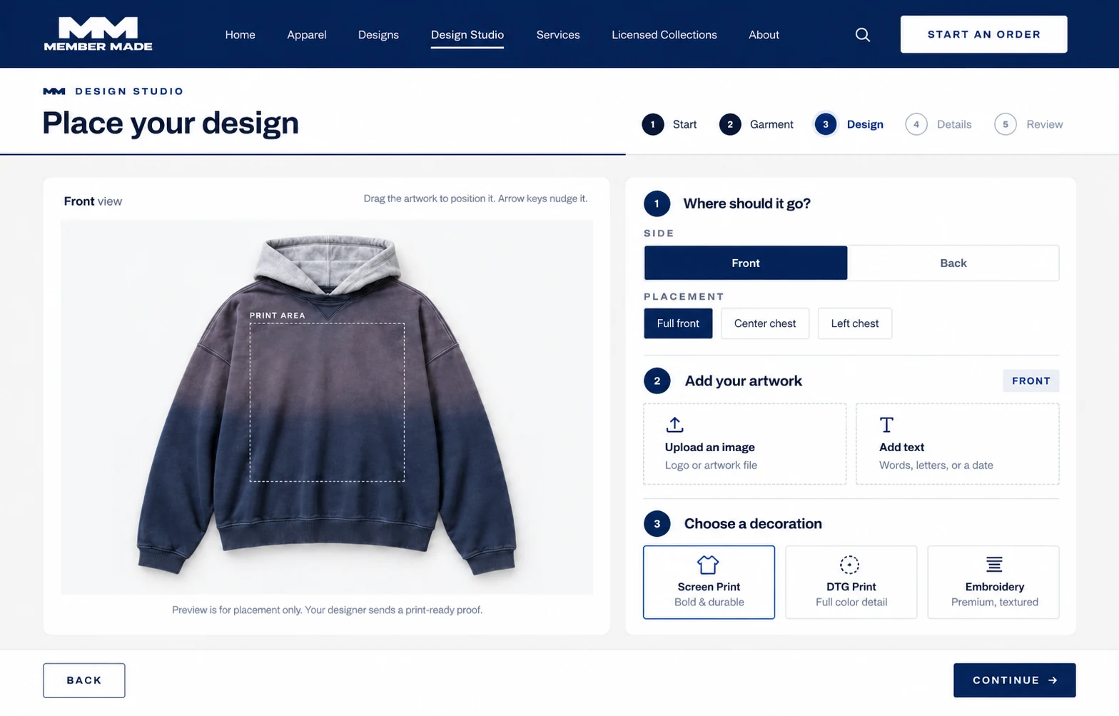 The Member Made design studio: placing a design on a garment and choosing a decoration