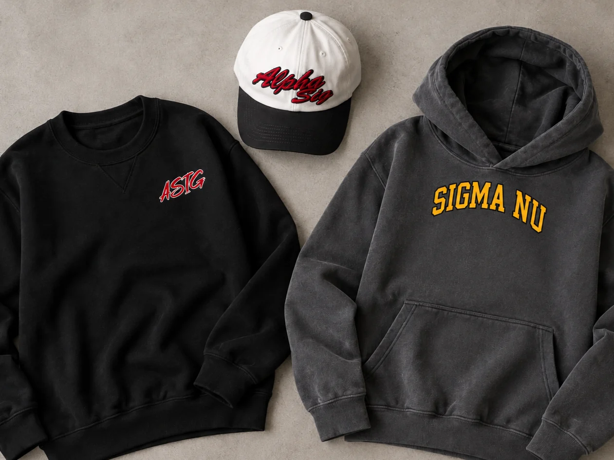 Licensed Greek crewneck, cap, and hoodie flat lay