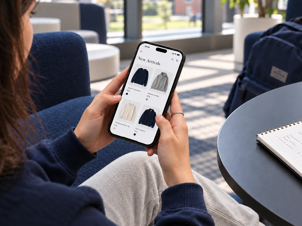 Student shopping a group store on a phone